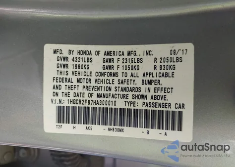 2017 Honda Accord Ex-L from USA, damaged, VIN 1HGCR2F87HA300010